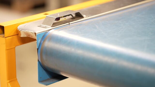 An empty conveyor belt travels around an end roller beneath a bracket mounted sensor, showing belt transport hardware used in automated material handling systems