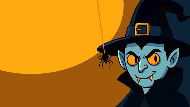 Spooky Halloween motion graphic background featuring a creepy vampire, glowing orange eyes, hanging spider, and warm moonlit atmosphere