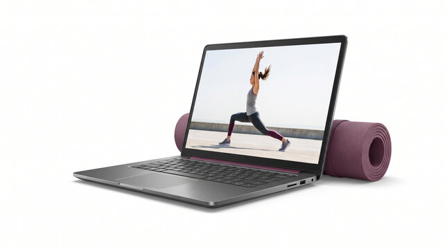 Virtual fitness class displayed on a laptop with yoga mat props  