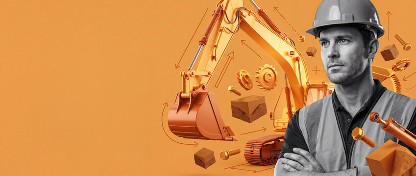 Confident engineer with crossed arms in front of 3D excavator graphic and earthmoving equipment elements on orange banner