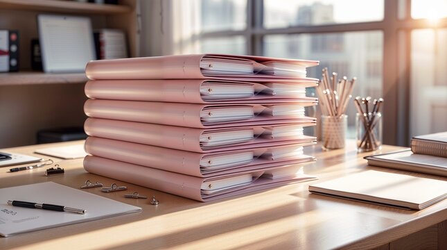 A perfectly organized stack of luxurious pink document folders rests neatly on a beautifully finished light natural-wood desk in a modern, sophisticated office environment