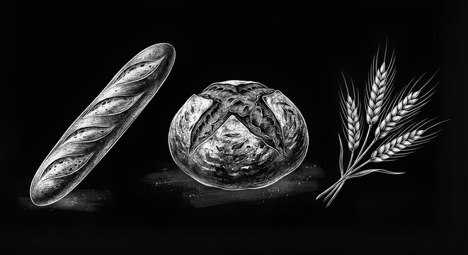 Chalk Drawn Bread Baguette and Wheat for Bakery Menu