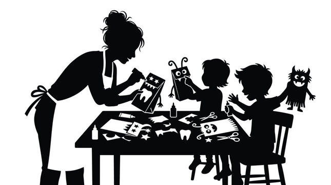Mother and children crafting paper puppets at a wooden table in this creative black silhouette illustration on white background design