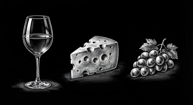 Chalkboard Wine Glass and Cheese Slice for Bar Menu