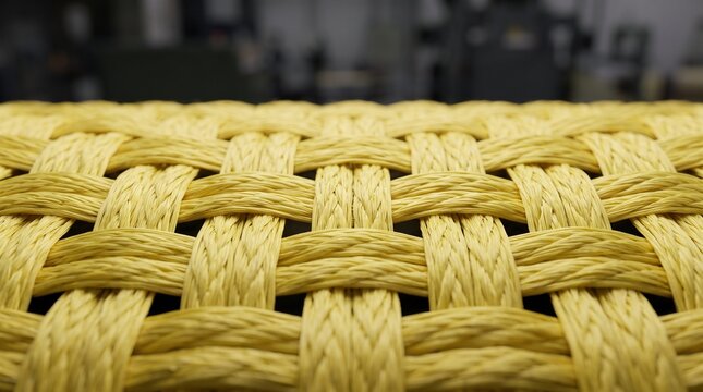 Kevlar fiber weave with yellow strands in close-up detail  