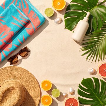A vibrant flat lay showcases essential summer vacation accessories, including a straw hat, sunglasses, a bottle of lotion, vibrant towels, tropical leaves, and fresh citrus fruits.