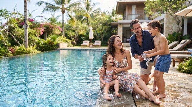 A smiling family enjoys a sun-drenched vacation by their private swimming pool, with lush tropical greenery and a modern villa in the background, embodying a scene of pure leisure and happiness.