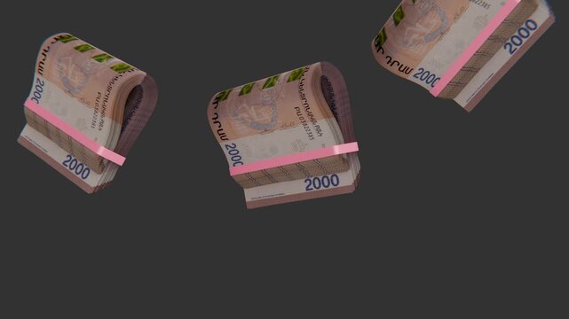 3D financial render featuring Armenia 2000 Dram banknote bundle wheel spinning, green screen chroma key setup. Ideal for finance news.