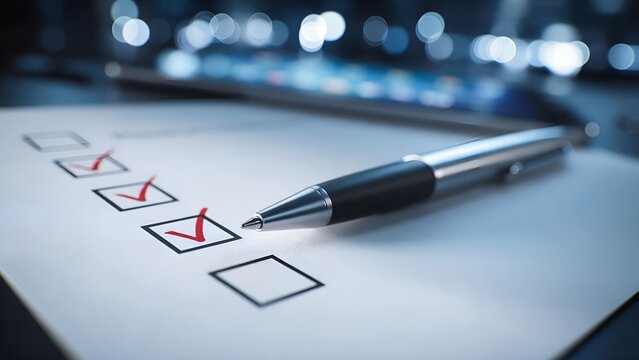 Silver ballpoint pen rests on white paper featuring multiple red checkmarks inside black boxes against a blurred professional office background with soft blue lighting effects