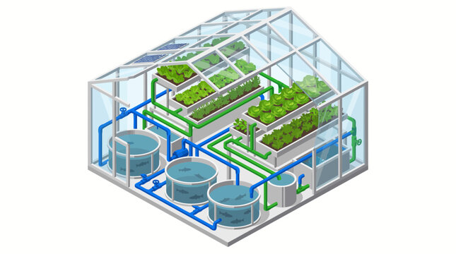 Isometric illustration of an aquaponics greenhouse system with fish tanks and vegetable growing beds.