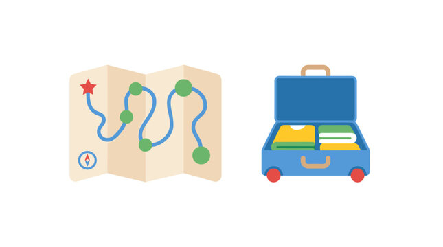 Flat design vector illustration of a travel map with route and an open suitcase packed with clothes, isolated on white