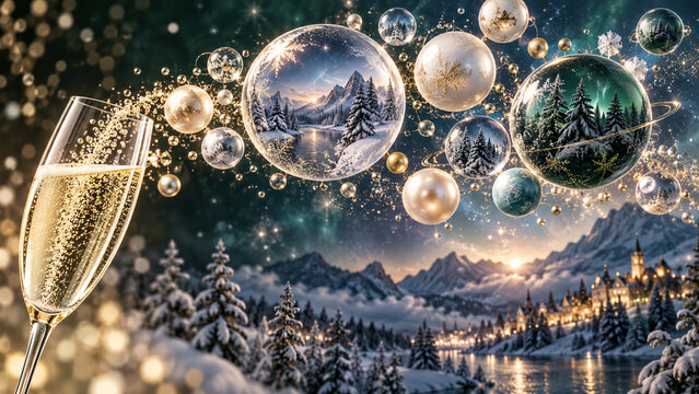 Champagne bubbles becoming snow planets pale gold pearl Christmas