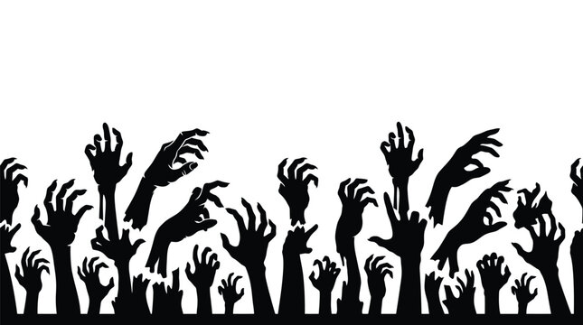 Spooky zombie hands reaching upward in a monochromatic graphic design pattern isolated on a crisp and clean white background setting