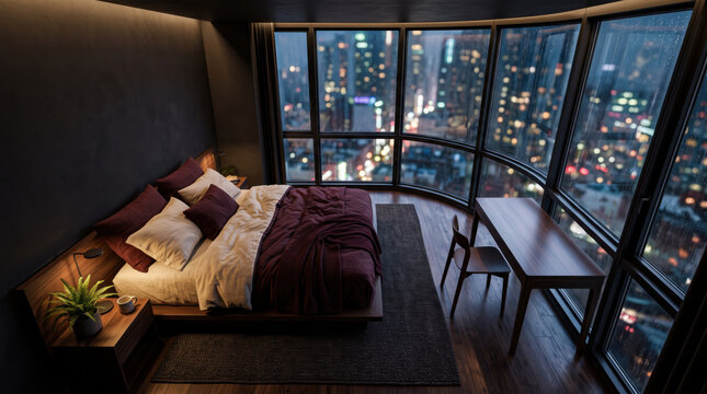 Modern luxury bedroom with curved panoramic window overlooking a rainy city skyline at night