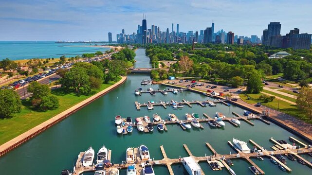 Picturesque harbor with numerous boats surrounded by lush greenery. Gorgeous skyline of downtown Chicago, Illinois in the backdrop.