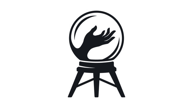 Crystal ball with a reaching human hand silhouette sitting on a simple wooden stand in a clean minimalist vector style