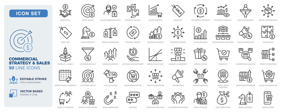 Commercial strategy and sales icons. Revenue, pricing, retail distribution and conversion thin line icon set. Editable stroke vector illustrations.