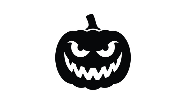Scary jack o lantern pumpkin silhouette featuring sharp teeth and mean eyes isolated on a clean plain white background surface