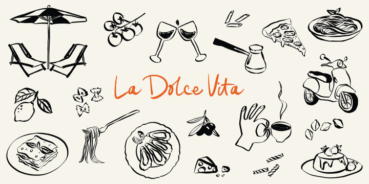 Whimsical doodle summer Italian clipart set. Mediterranean and Amalfi sketch style food and drink crayon icons. Wine, coffee and pasta quirky drawings. Crayon vector illustration.