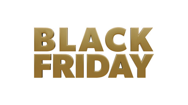 Luxurious 3D gold "BLACK FRIDAY" logo with glossy metallic letters and subtle highlights, isolated PNG on transparent background, elegant promo graphic for premium sales and ads.