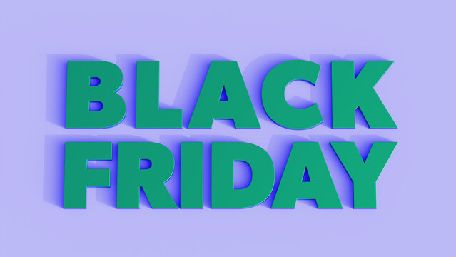3D-rendered "BLACK FRIDAY" text graphic with green letters, blue shadows, and a purple background, bold modern promo design for sales and advertising.