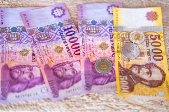 Hungarian Forint banknote coins currency money, Economy finance related Hungary, budget savings investment wealth capital asset resource, Inflation cost living discussions involving Hungarian money