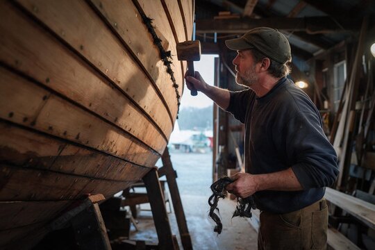 Shipwright caulking wooden boat hull seams with mallet and oakum