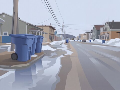 Digital illustration of blue recycling bins beside a melting snow puddle on a suburban residential street
