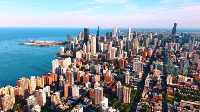 Spectacular scenery of modern downtown Chicago, Illinois. Rising over the scenery on sunny day.