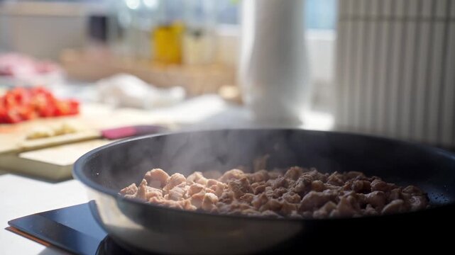 Pieces of meat cooking in hot frying pan with steam rising. Concept of home cooking and making a simple lunch
