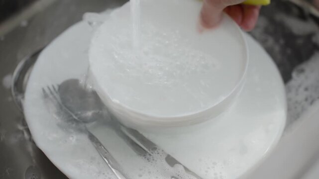 Soapy dishes and cutlery soak in sink before woman scrubs bowl with sponge under running water. Dishwashing and kitchen cleaning after meal