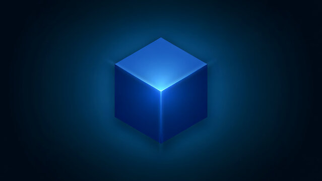 Single blue 3d cube floating against a dark blue background, with glowing light, edges and a, soft spotlight effect, on the surface
