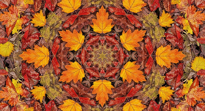 Abstract kaleidoscope pattern created from vibrant autumn leaves in shades of red orange and yellow