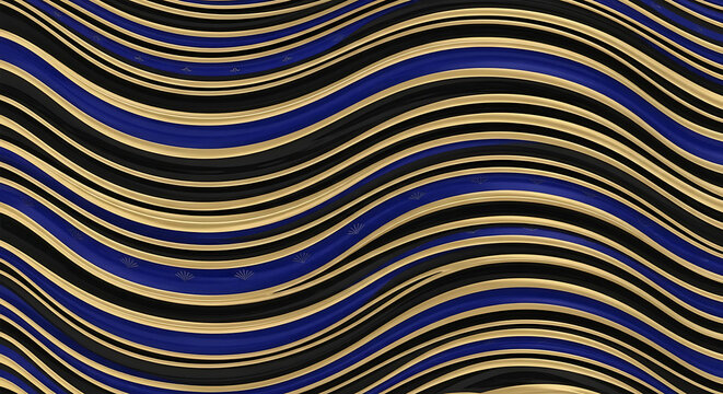 Abstract wavy pattern with flowing lines in shades of blue gold and black