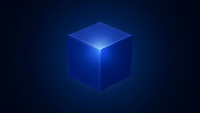 Single blue 3d cube floating against a dark blue background, with glowing light, edges and a, soft spotlight effect, on the surface