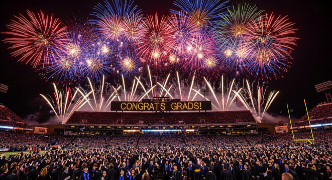 Spectacular fireworks display over a packed football stadium celebrating a victory