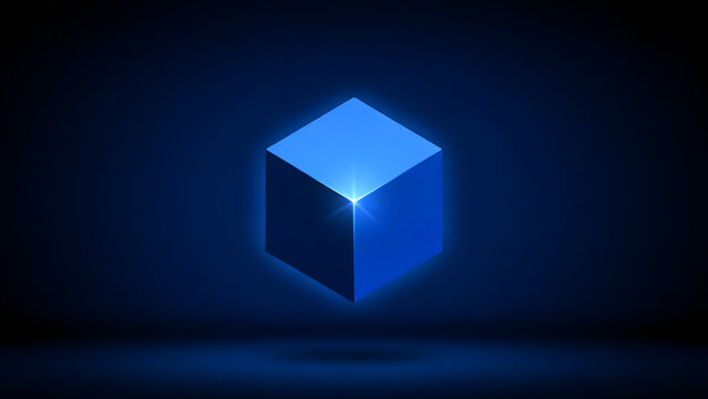 Single blue 3d cube floating against a dark blue background, with glowing light, edges and a, soft spotlight effect, on the surface