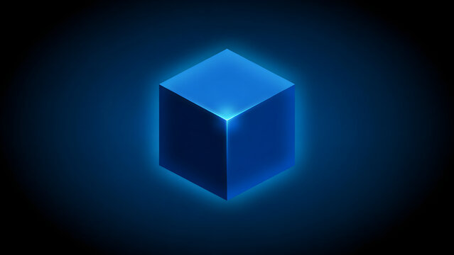 Single blue 3d cube floating against a dark blue background, with glowing light, edges and a, soft spotlight effect, on the surface