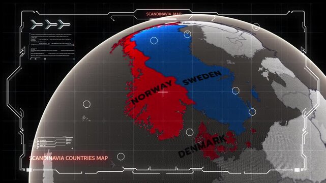 A futuristic digital Scandinavia map, Scandinavia Countries Map, Norway, Sweden, and Denmark,