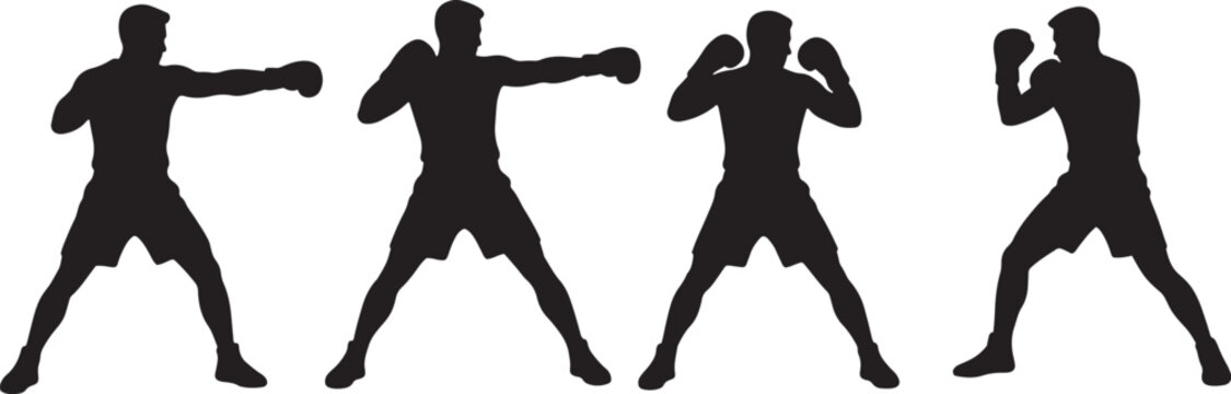 Set of four black silhouettes vector of a professional boxer in various fighting stances and punching positions isolated on a white background for sports design and fitness training concepts.