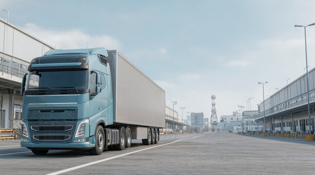 Freight transportation. A semi truck with a large cargo trailer stands at a modern logistics center, ready for goods delivery and distribution between warehouses.