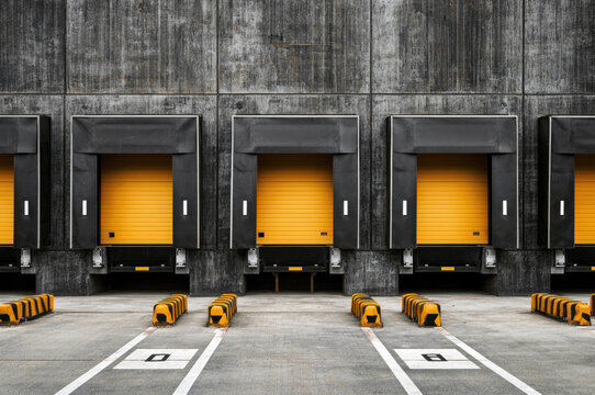Warehouse logistics center. Loading docks with yellow industrial doors and truck docking shelters for cargo handling, goods distribution and freight transportation.