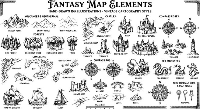 Fantasy map elements illustration, drawing, engraving, ink, line art, vector
