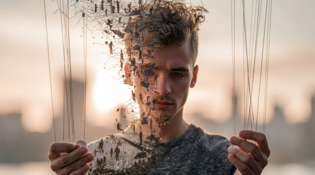 Psychology and mental health. Surreal portrait of a man holding puppet strings, symbolizing social manipulation, external control, loss of identity and psychological pressure.