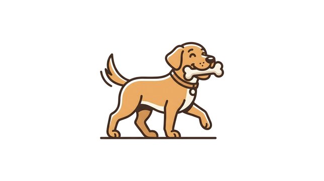 A flat line art vector illustration of a happy cartoon golden retriever dog walking while holding a bone in its mouth, isolated on a white background