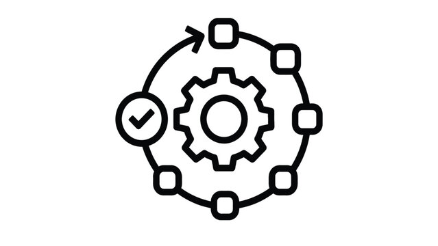 Minimalist gear icon representing streamlined industrial process flow with circular arrow nodes and checkmark symbol on solid white background surface