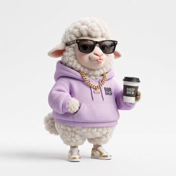 Trendy 3D cartoon fashion sheep with sunglasses isolated on white background