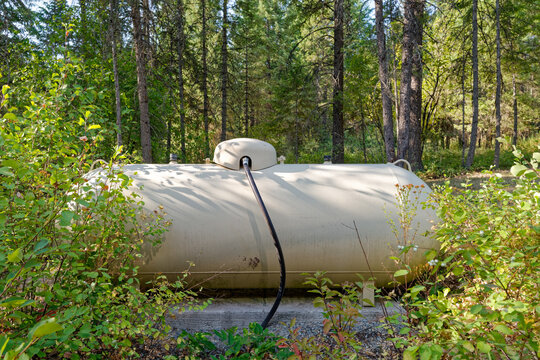 A 250 gallon Propane tank in the woods for heating a rustic cabi
