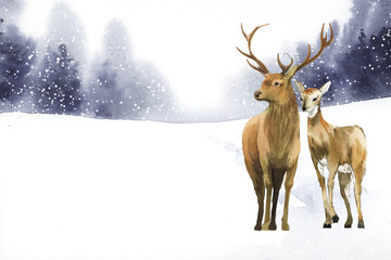Obraz premium Hand-drawn pair of deer in a winter landscape watercolor style vector