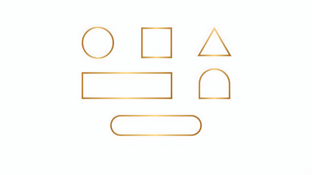 Set of thin gold outline geometric shapes including a circle, square, triangle, rectangle, arch, and rounded rectangle on white background